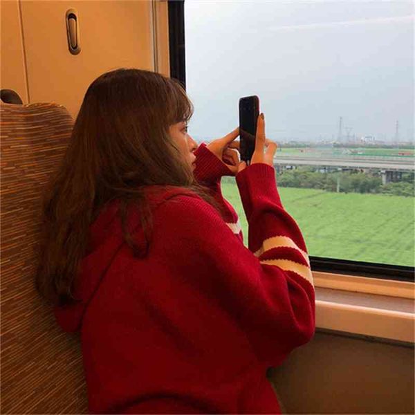

thick simple cardigan outwear striped zipper pocket hooded fashion loose korean style arrival female women sweaters 210426, White;black