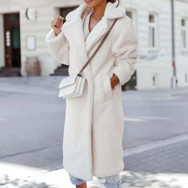 

women's jackets long sleeve side pockets fluffy coat winter/autumn 2021 lapel solid color women plush overcoat female clothing, Black;brown