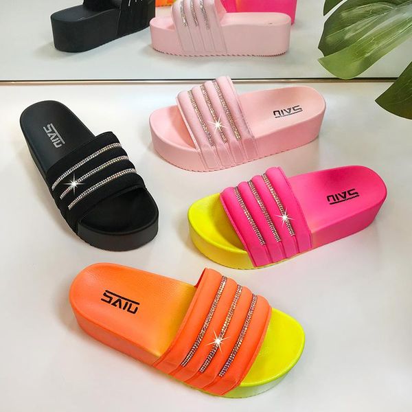 

wedges rhinestone slippers women's shallow mouth multi-color slides beach platform shoes high-heeled outdoor casual sandals, Black