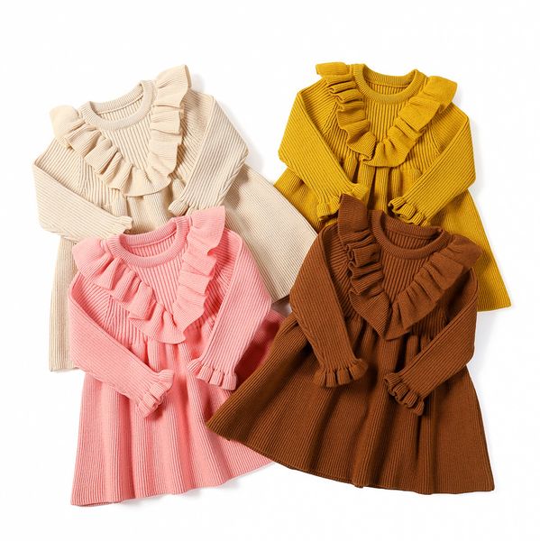 

new fall winter toddlers girls knitted sweaters dresses lace ruched sleeve baby kids clothes warm pullovers princess dress, Red;yellow