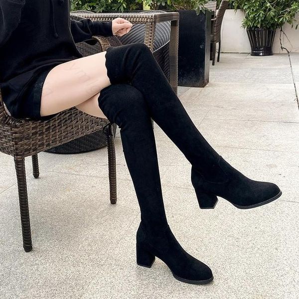 

boots 2021 flock leather women over the knee lace up high heels autumn woman shoes winter, Black