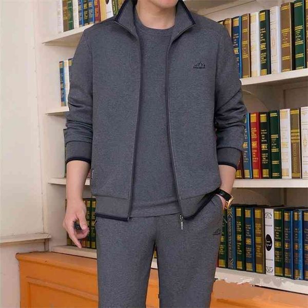 

men's sportswear two piece set autumn casual tracksuit stand zipper gray sweatshirt sweatpant survetement homme 210916