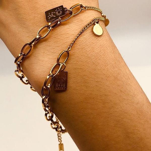

charm bracelets collection dual use stainless steel 18k gold plated asymmetric chain double side 12 zodiac anklets for women, Golden;silver
