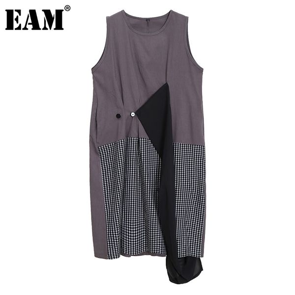 

[eam] women irregular spliced button plaid dress round neck sleeveless loose fit fashion spring summer 1dd8572 21512, Black;gray