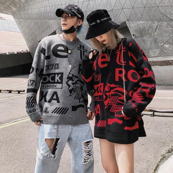

men's sweaters 2xl fashion o neck long sleeve english letter print sweater male hip hop knitted cuople streetwear pull homme sweter, White;black
