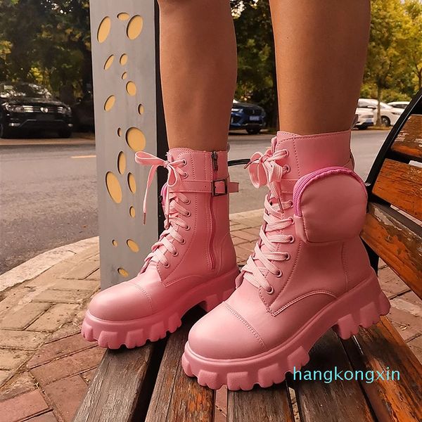 

women's boots pocket lace up ladies motorcycles boots female combat runway buckle strap zipper ankle boot woman platform shoes, Black