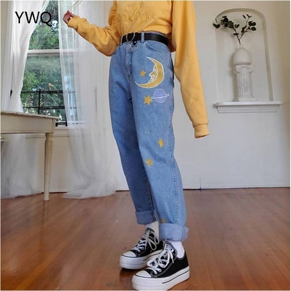 

high waist printed jeans for women cargo pants fashion straight various patterns boyfriend mom baggy jeans full length trousers 210322, Blue