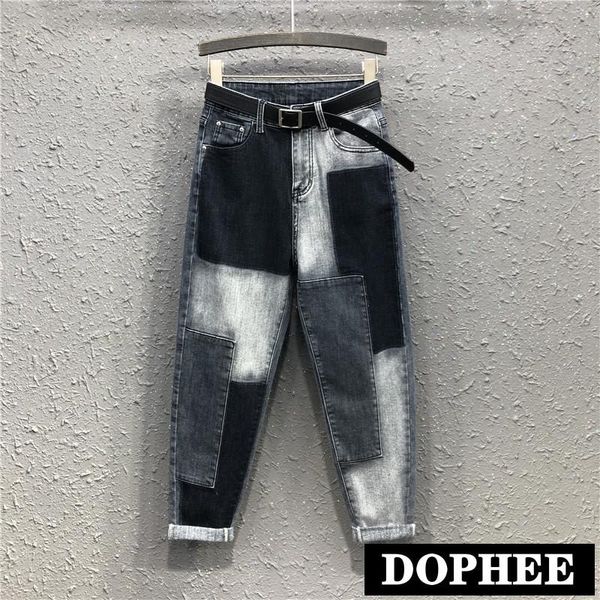

women's jeans european 2021 spring and autumn personality impact color stitched women loose radish broken pants denim trousers, Blue