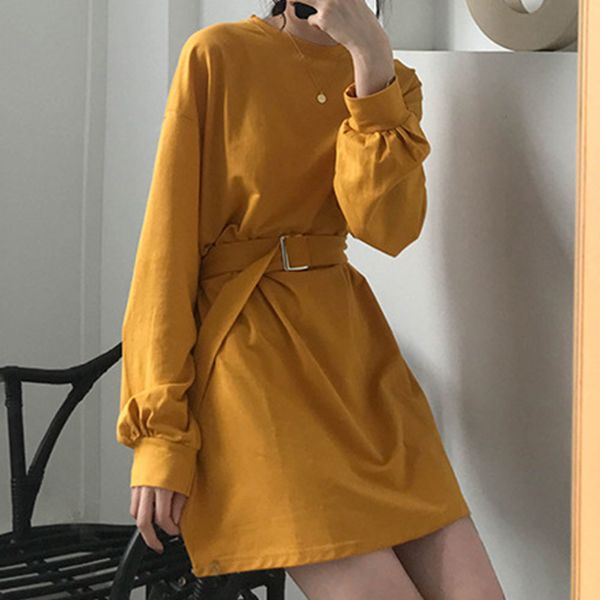 

jocoo jolee women loose harajuku streetwear dress korean style belt long sleeve t shirt dress autumn winter solid mini dress 210518, Black;gray