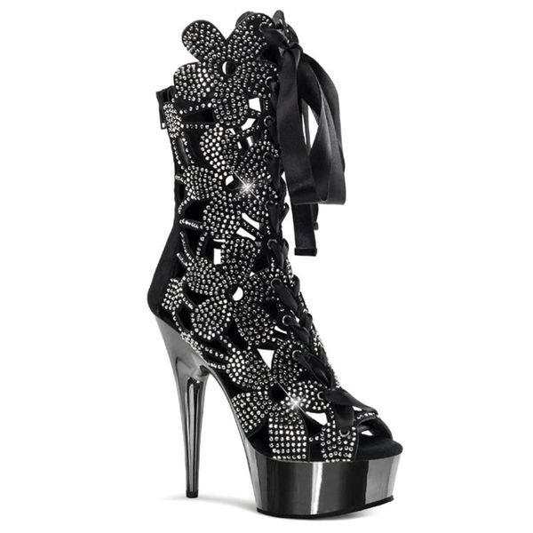 

boots 15cm high diamond heel, thin waterproof platform, thick soled boots, pipe dance night club, Black
