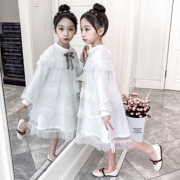 

fashion girls dresses loose lace flowers cute bow long sleeve one-piece dress casual clothes baby girls layered dress kids new, White