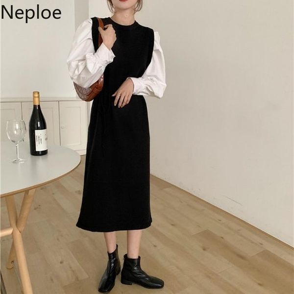 

neploe patchwork maxi dresses for women 2021 korean fashion fall clothes robe high waist slim vestidos loose lace up dress 4f806 casual, Black;gray