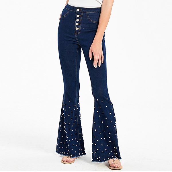 

jean waist high strain pearl women's brem pants enlargement long legged leg boots cut denim frizzy bell lower palazzo plus size, Blue