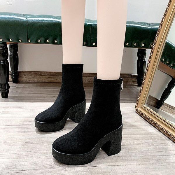 

boots high heel platform women shoes suede black ankle winter super short kobiet buty 2021