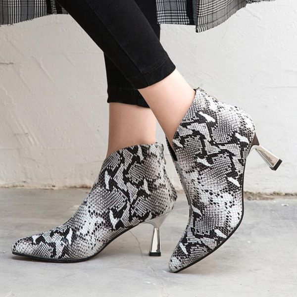 

boots autumn ankle women natural genuine leather kitten high heels short snake print zipper shoes lady size 34-39, Black