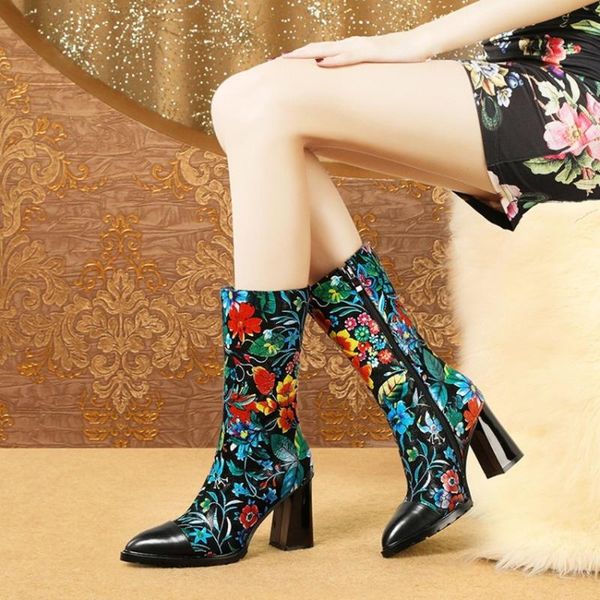 

boots womens ankle stretchy printed floral mixed colors genuine leather block high heel shoes pointed toe sexy, Black
