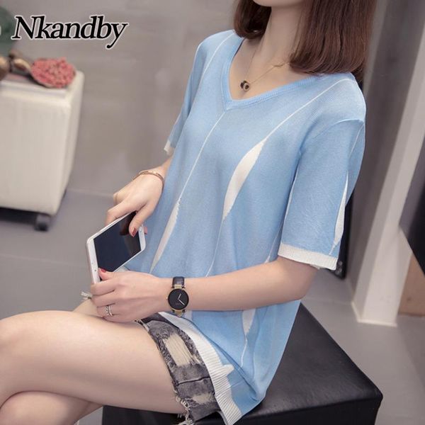 

women's t-shirt plus size knitted tshirts women 2021 spring summer v-neck short sleeve t shirt oversize elastic spell color bottoming, White