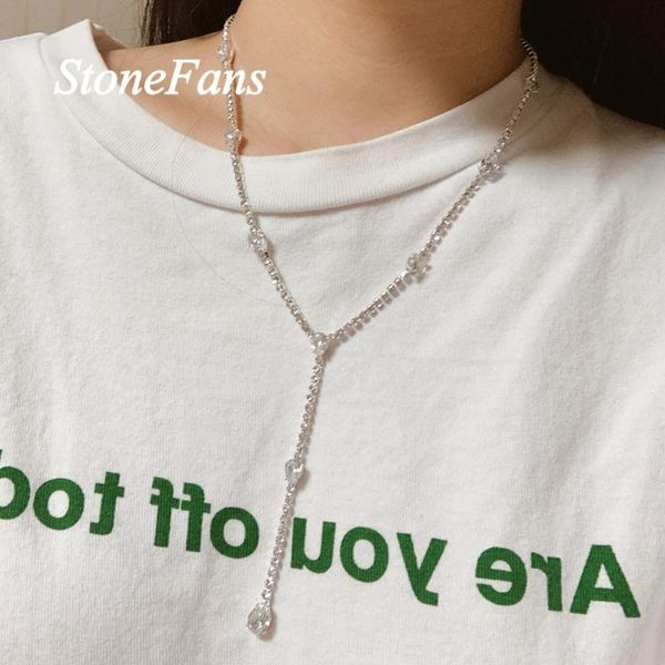 

stonefans long rhinestone necklace crystal chain for women simple y shape collar luxurious jewelry gifts chokers, Golden;silver