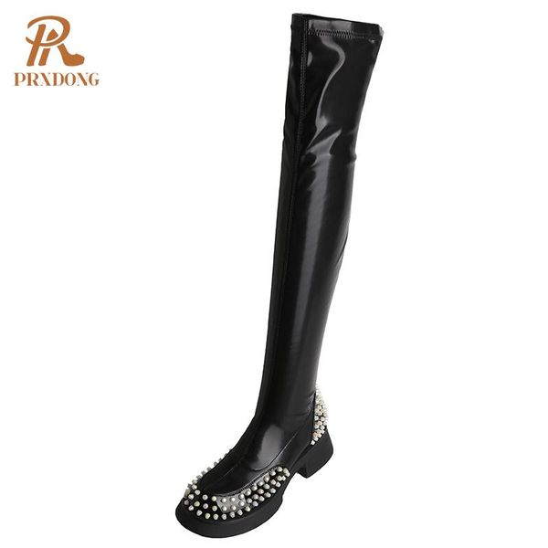 

boots women soft thigh high genuine leather over-the-knee 5cm heels platform casual ladies shoes rivets, Black
