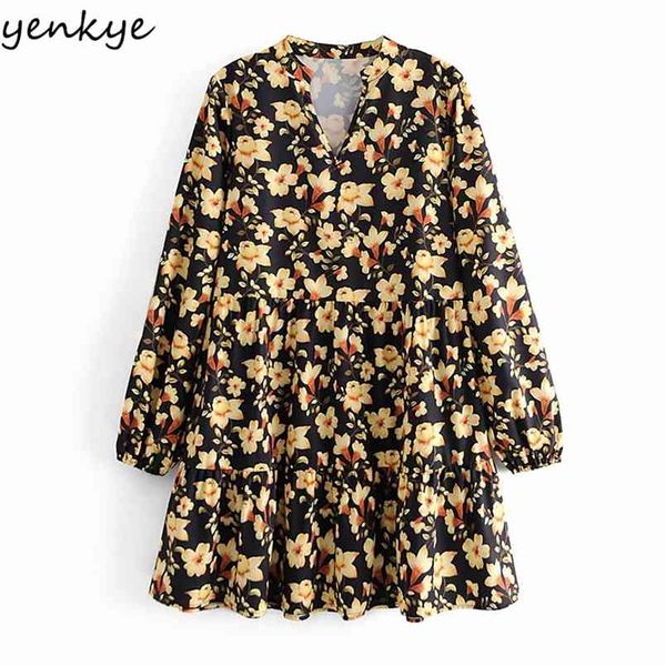 

vintage yellow floral print dress women lantern sleeve v neck pleated casual loose spring plus size short vestido 210514, Black;gray