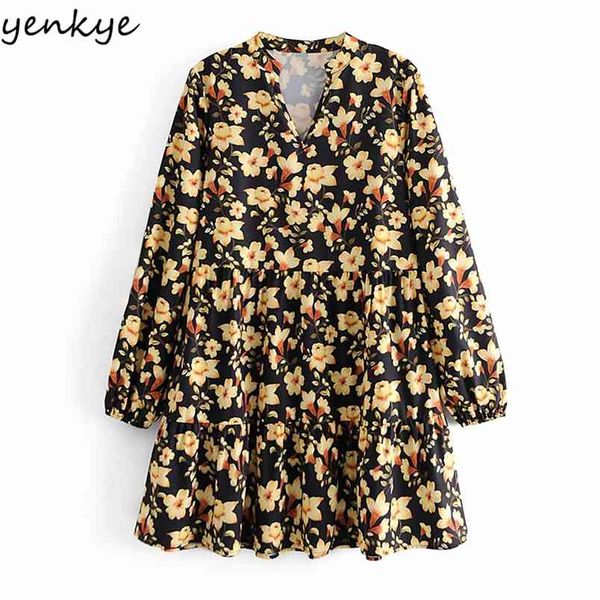 Vintage amarelo floral impressão vestido mulheres lanterna manga v pescoço plissado casual solta primavera plus size curto vestido 210514