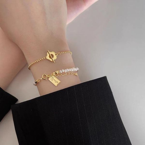 

link, chain bracelet for women cold wind metal flower freshwater pearl female minority personality simple temperament versatile, Black