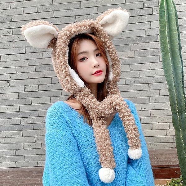 

beanies winter hats ears hat scarf double thickening cute bear warm berets lamb cap casual snow outdoor keep sombreros de mujer