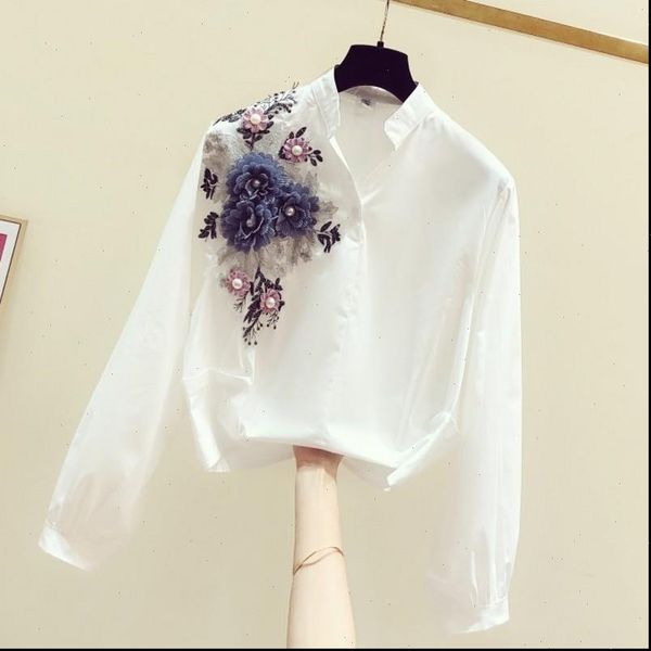 

womens blouses spring white shirt flower hand made embroidery three dimensional v neck long sleeve blouse blusas