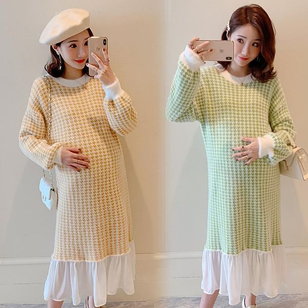 

maternity clothes 2021 pregnant women mink cashmere knitted sweater thick dress joint fashion swea dresses, White