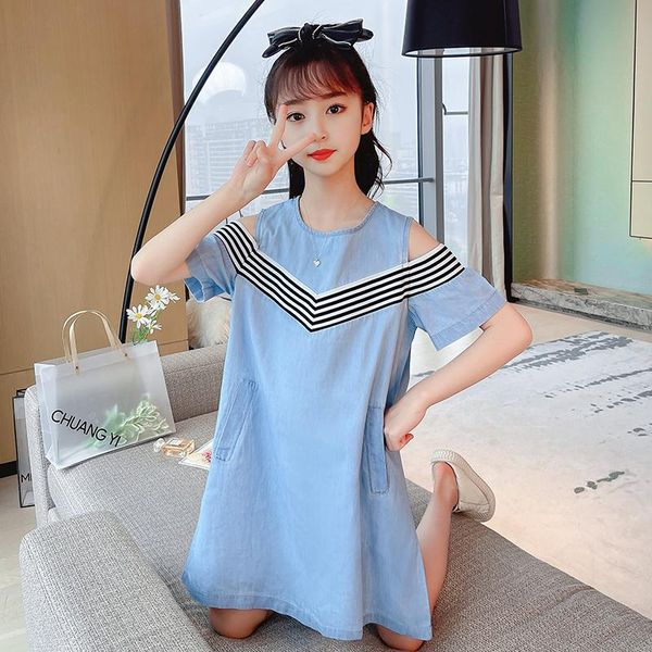 

kids clothing summer girls denim dress for 4-13y baby off-the-shoulder dresses children short-sleeve cotton girl's, Red;yellow