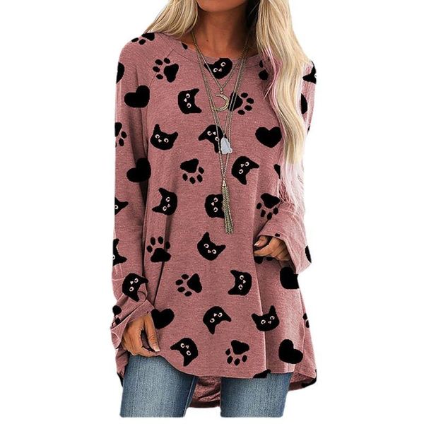 

women's t-shirt cat long sleeve printed round neck loose basic clothes white pink gray