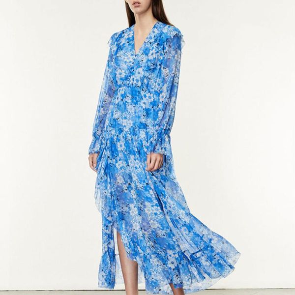 

casual dresses original blue mid-calf dress women floral printed split v-neck ruffles long sleeve lace-up buttons ladies robe spring summer, Black;gray