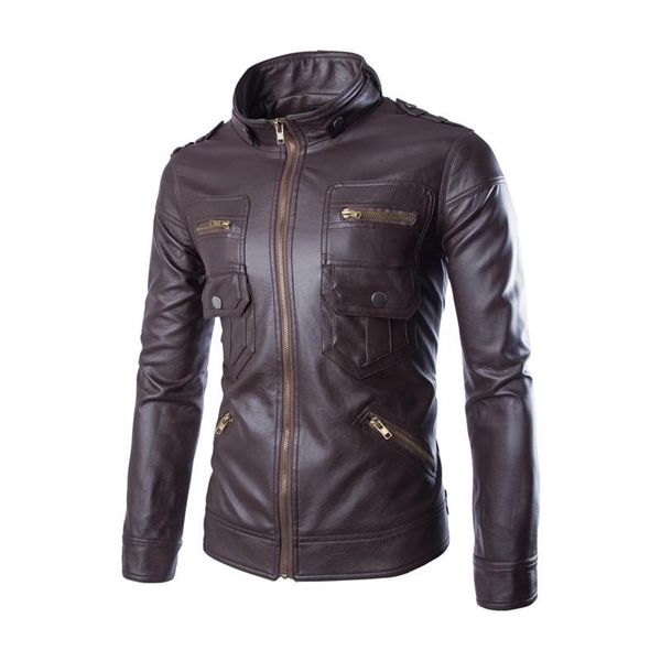 

men's jackets nice fashion mens locomotive leather stand collar faux pu overcoat multi-pocket vintage style slim fit jacket, Black;brown