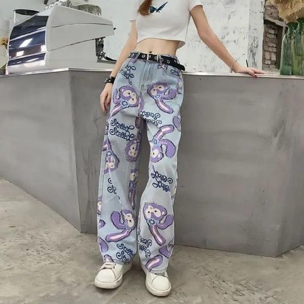 

women's jeans women high waist loose straight pants 2021 cartoon printed zipper casual female long trousers large size mom, Blue