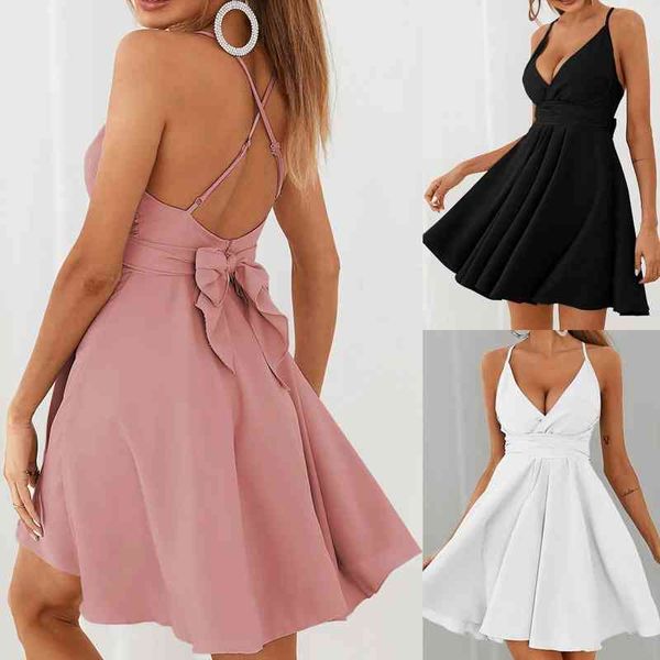 

gothic fashion ruffle sleeveless solid womens dress bow bandage casual v neck backless knee length vestido, Black;gray