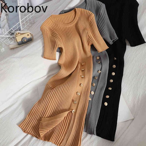

korobov korean o neck short sleeve women dress vintage office lady single breasted split dresses summer slim vestidos femme 210430, Black;gray
