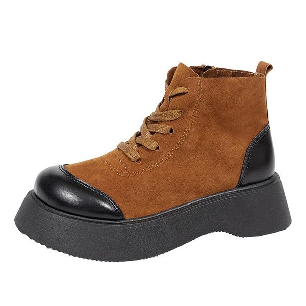 

boots women ankle 2021 leather ladies lace up casual shoes high-quality thick bottom platform brown red botas mujer, Black