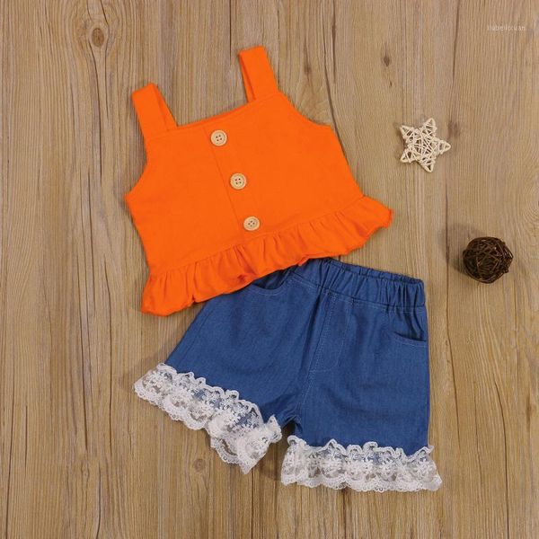 

clothing sets 2pcs baby girls clothes sweet style summer solid color flouncing hem sleeveless suspender + lace edge denim shorts 0-3y1, White