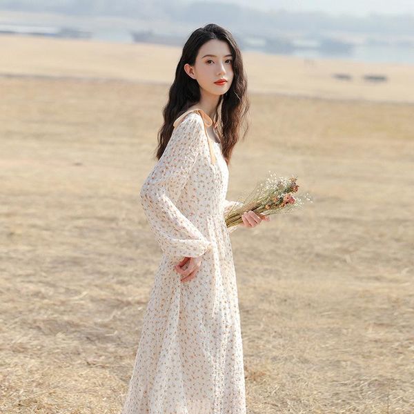 

casual dresses women's 2021 temperament gentle wind skirt fairy chiffon floral pleated dress long summer a-line, Black;gray