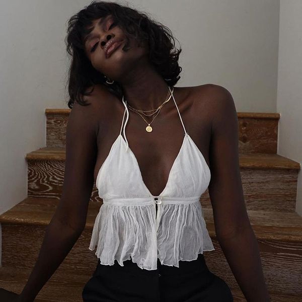 

women's tanks & camis open back white tank women 2021 summer halter sleeveless strapless slim chiffon short vest fashion crop
