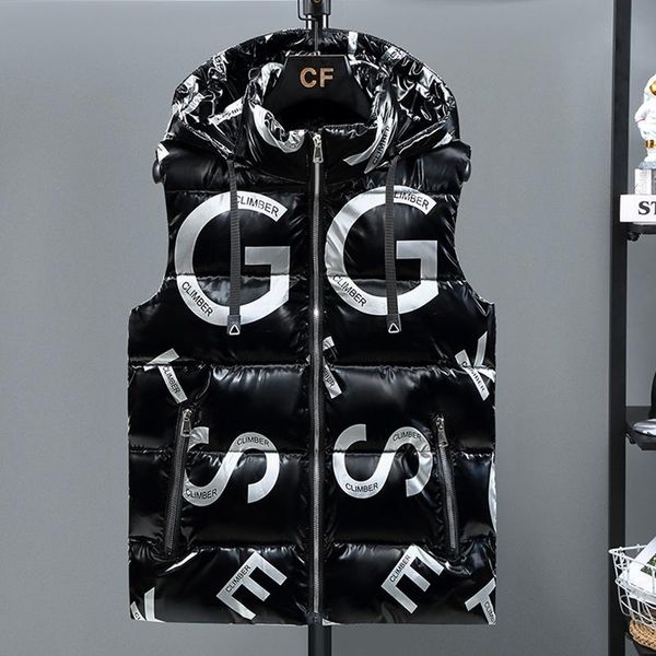 

men's vests 2021 winter thick vest men hooded hat detachable letters printed waterproof male comfortable and warm waistcoat plus size 5, Black;white