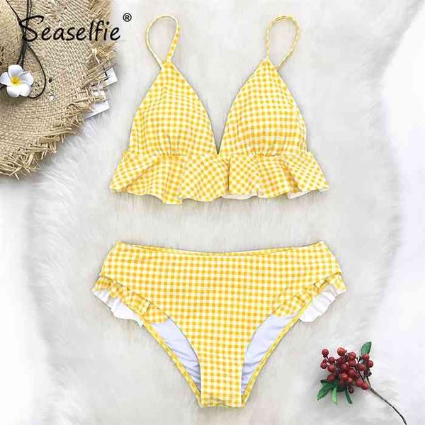 

seaselfie mid-waist bikinis set swimwear women swimsuits bathing suit women biquini yellow gingham ruffled beachwear bikini, White;black