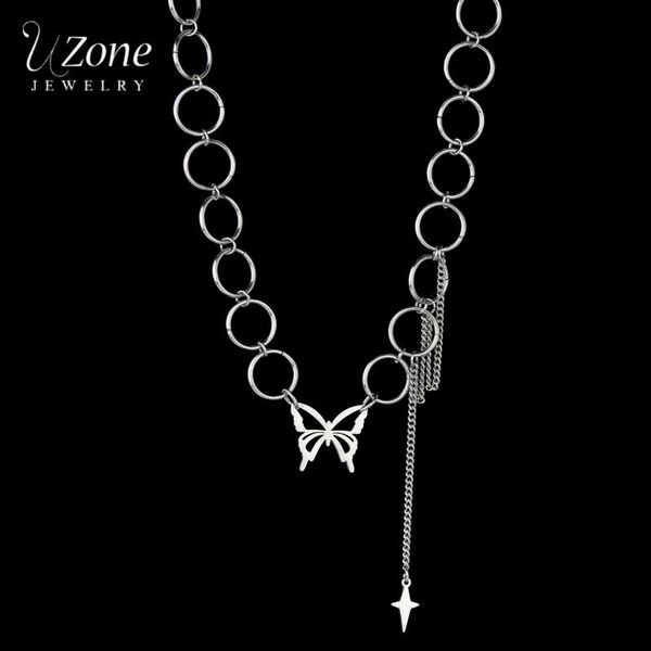 

uzone charm stainless steel butterfly circle chain necklaces pendant adjustable sliver necklace for women anniversary jewelry, Silver