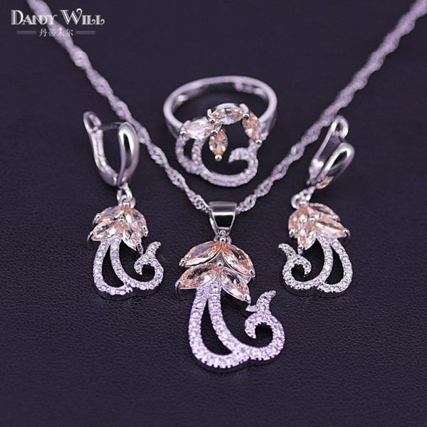 

wedding jewelry sets champagne cubic zircon white crystal 925 silver ring pendant necklace earring set for women, Slivery;golden