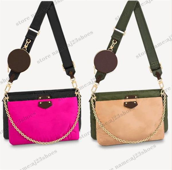 

maxi pochette designer bag fuchsia khaki green nylon embroidered monograms printed econyl cross-body bag multiple pockets coin purse