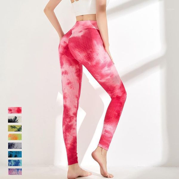 

yoga outfit seamless women pants leggings ink jacquard tie-dye bubble high-waisted hip-lifting sports fitness slim tights