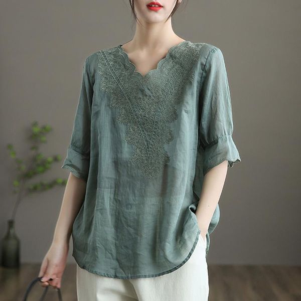

women's blouses & shirts johnature cotton linen women vintage v-neck half butterfly sleeve 2021 summer chinese style loose, White