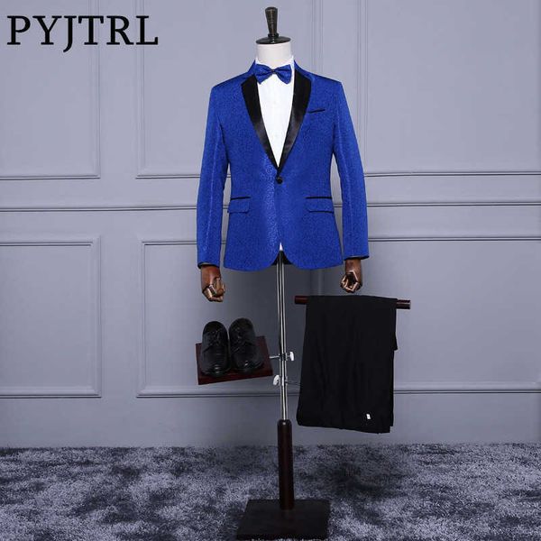 PYJTRL Royal Blue Rosso Bianco Jacquard Abito classico da uomo Slim Fit Smoking Abiti da sposa con pantaloni Sposo Cantante di scena Costume Homme X0909