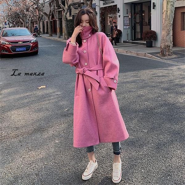 

women's wool & blends korean style 2021 women coat winter fashion casual single breasted loose cashmere long, Black