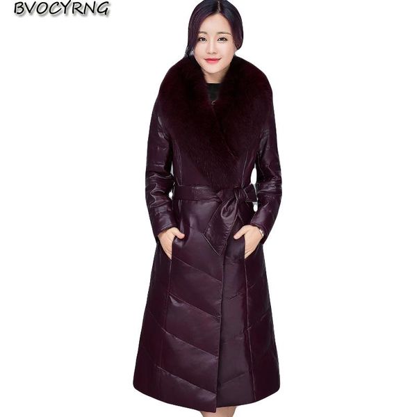 

women's leather & faux winter women thick down jackets coats female long slim high end fur collar pu parka plus size coat, Black